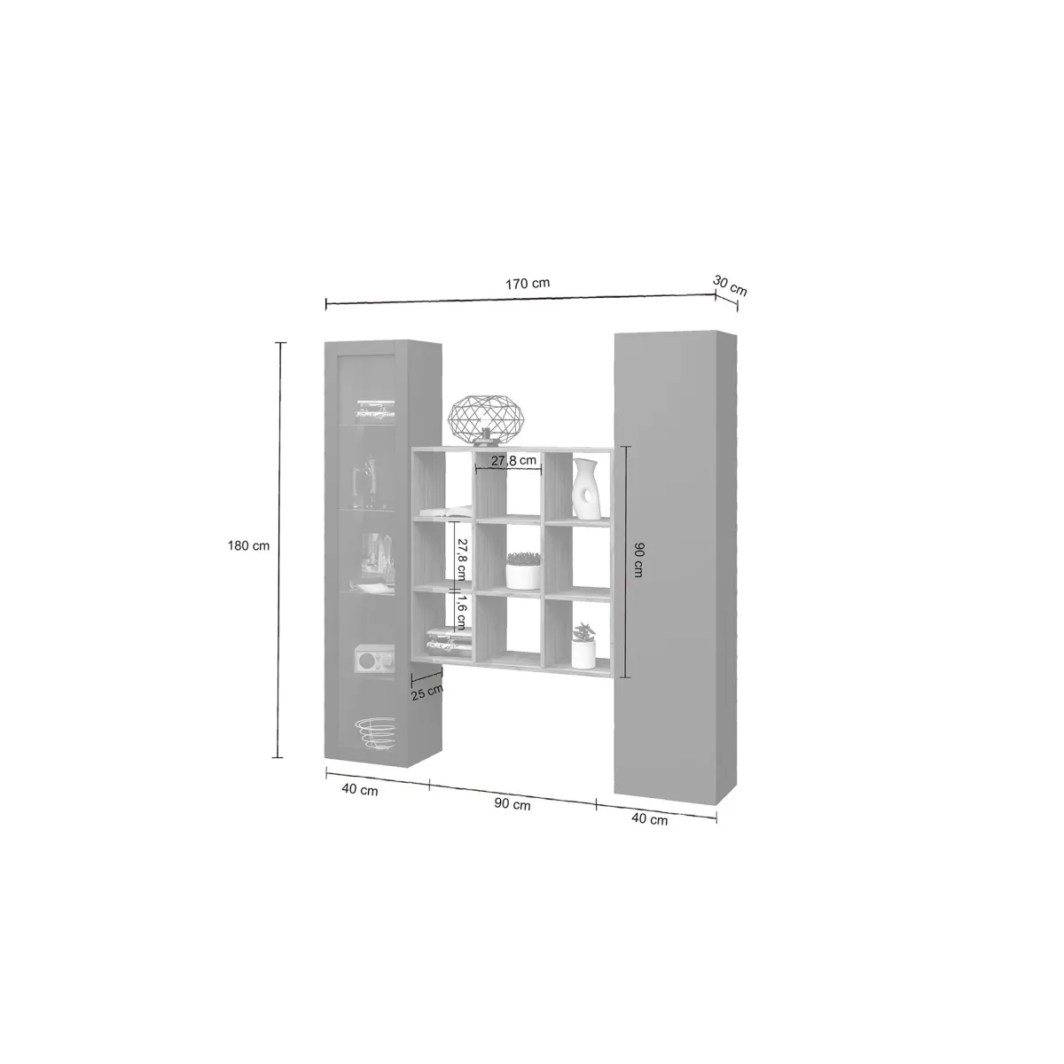 Madie|Credenze > Dmora Credenza 14 Ripiani 2 Ante 40x30x180h cm, 19 Vani - Colonno Nero Antracite
