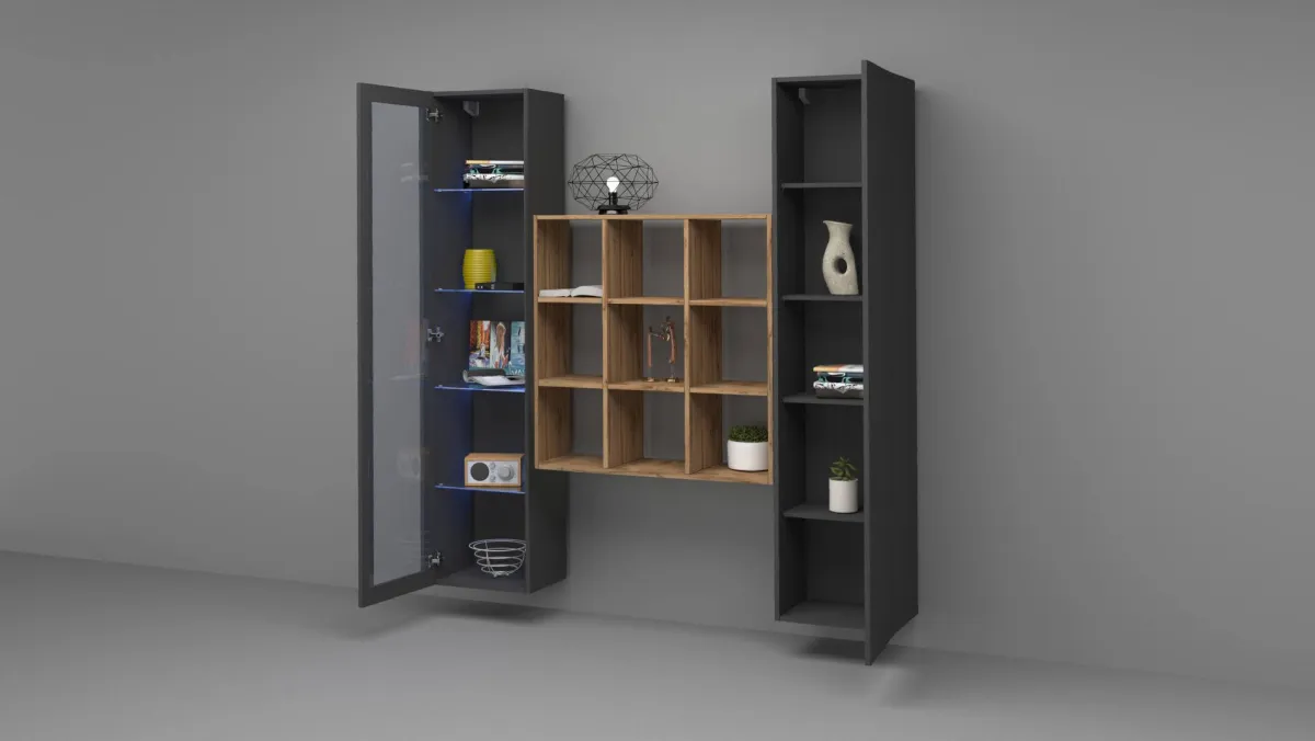 Madie|Credenze > Dmora Credenza 14 Ripiani 2 Ante 40x30x180h cm, 19 Vani - Colonno Nero Antracite