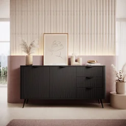 Credenze > Dmora Credenza 3 Cassetti 2 Ripiani 163x38x81h cm, Apertura Battente, Scorrevole - Halilala Nero