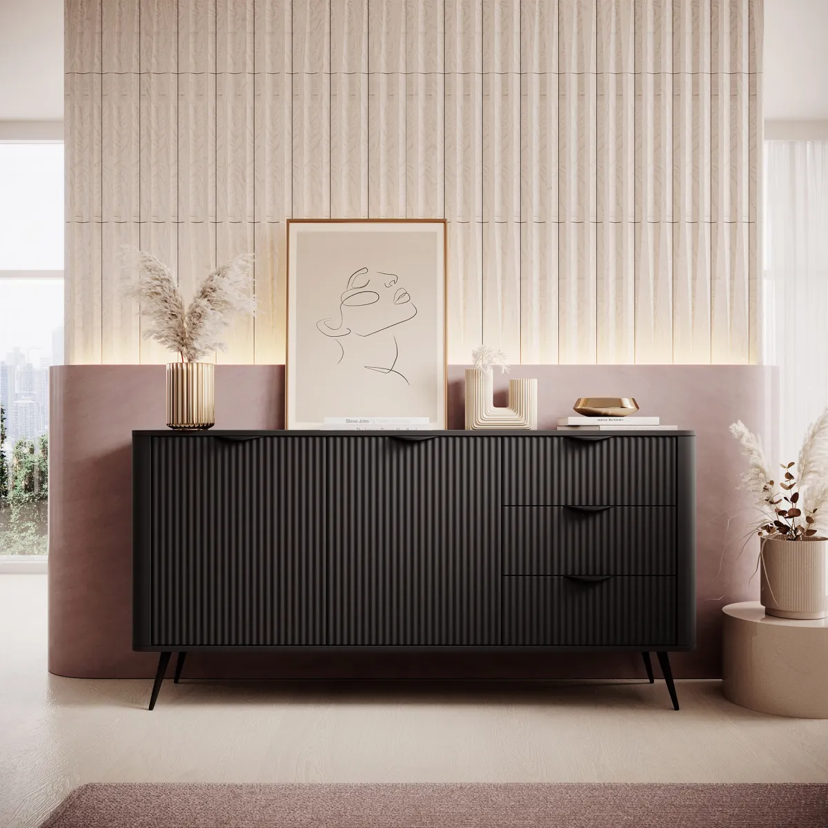 Credenze > Dmora Credenza 3 Cassetti 2 Ripiani 163x38x81h cm, Apertura Battente, Scorrevole - Halilala Nero