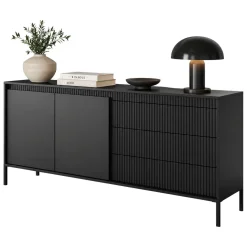 Credenza Nero 3 Cassetti 2 Ripiani 187x40x81h cm, Apertura Battente, Scorrevole - Hatone