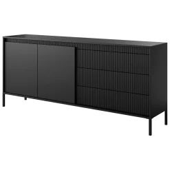 Credenza Nero 3 Cassetti 2 Ripiani 187x40x81h cm, Apertura Battente, Scorrevole - Hatone