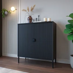 Madie|Credenze > Dmora Credenza Cassetti 4 Ripiani 203x49x83h cm, Apertura Battente - Viale Nero