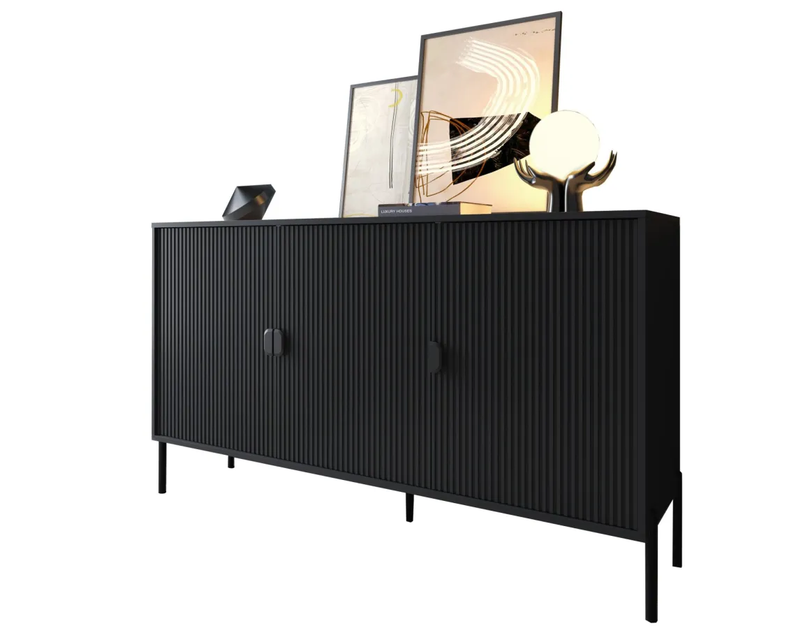 Credenza Nero Cassetti Ripiani 203x49x83h cm, Apertura Battente - Ostiglia
