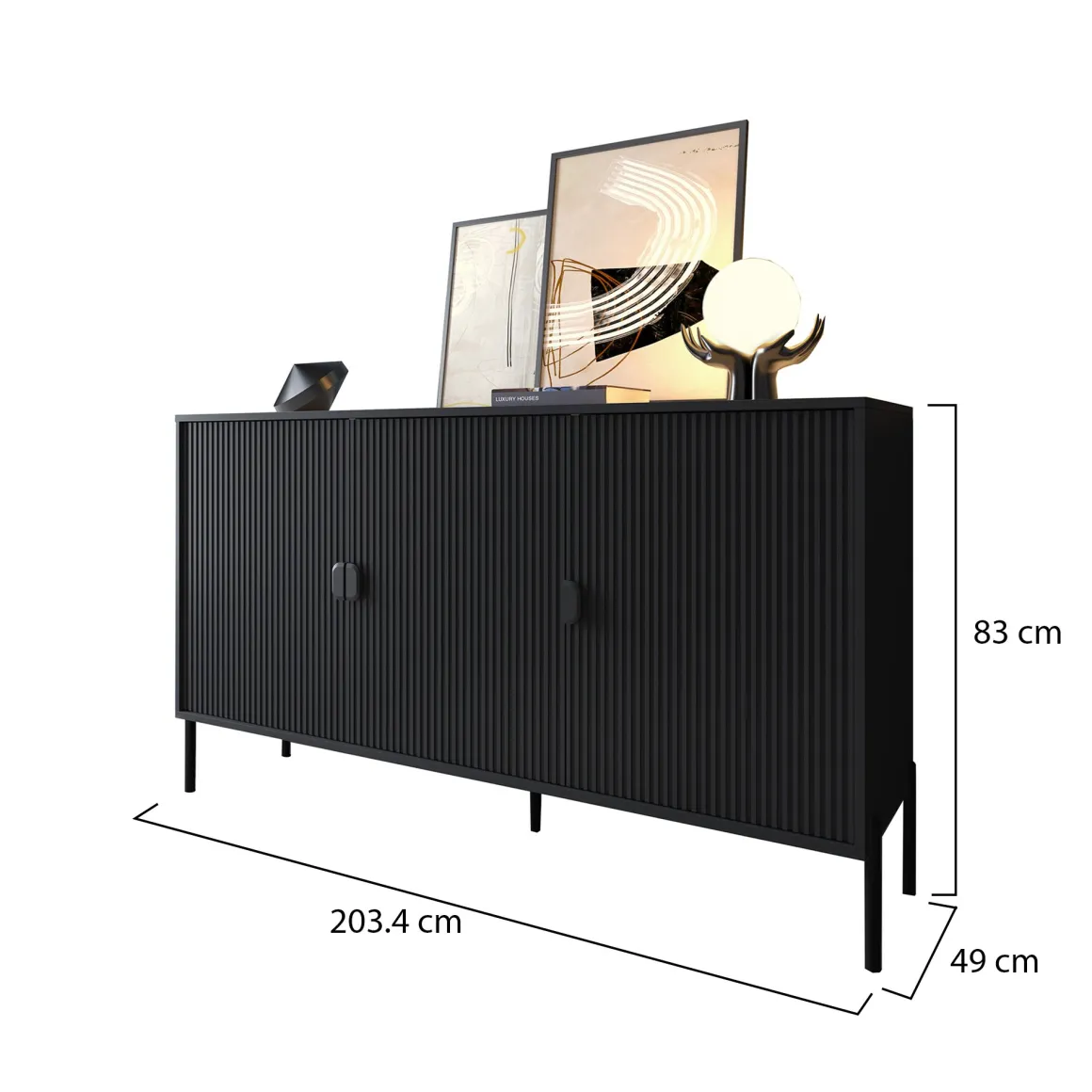 Credenza Nero Cassetti Ripiani 203x49x83h cm, Apertura Battente - Ostiglia