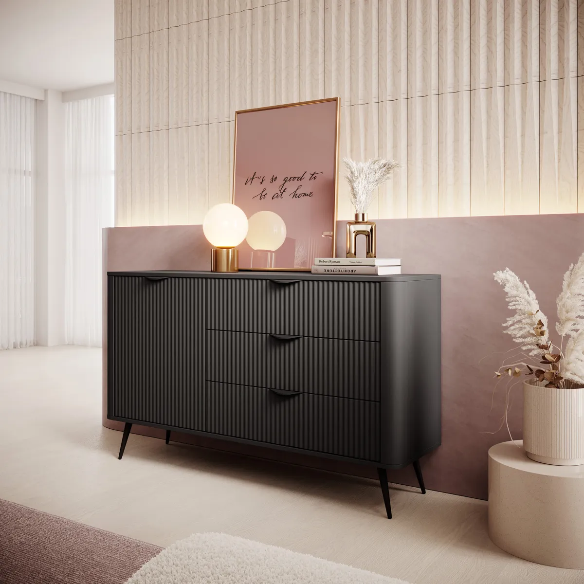 Credenze > Dmora Credenza 3 Cassetti un Ripiano 138x38x81h cm, Apertura Battente, Scorrevole - Halilomo Nero