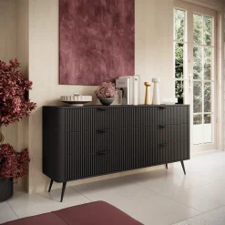 Credenza Nero 6 Cassetti un Ripiano 163x38x81h cm, Apertura Scorrevole - Hali