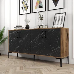 Madie|Credenze > Dmora Credenza Nero Marmo Marrone Noce 2 Ripiani 4 Ante 160x35x78h cm, 4 Vani - Sinopoli Marrone Noce, Nero Marmo