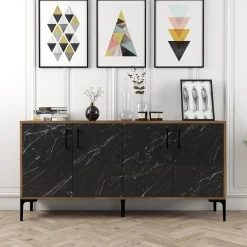 Madie|Credenze > Dmora Credenza Nero Marmo Marrone Noce 2 Ripiani 4 Ante 160x35x78h cm, 4 Vani - Sinopoli Marrone Noce, Nero Marmo