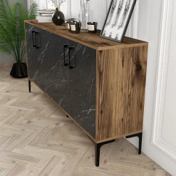 Madie|Credenze > Dmora Credenza Nero Marmo Marrone Noce 2 Ripiani 4 Ante 160x35x78h cm, 4 Vani - Sinopoli Marrone Noce, Nero Marmo