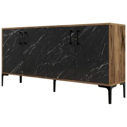 Madie|Credenze > Dmora Credenza Nero Marmo Marrone Noce 2 Ripiani 4 Ante 160x35x78h cm, 4 Vani - Sinopoli Marrone Noce, Nero Marmo