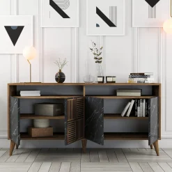 Credenza Nero Marmo Marrone Noce 2 Ripiani 4 Ante 160x35x78h cm, 6 Vani - Thuile