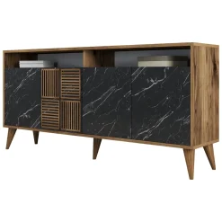 Credenza Nero Marmo Marrone Noce 2 Ripiani 4 Ante 160x35x78h cm, 6 Vani - Thuile