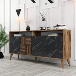 Madie > Dmora Credenza Nero Marmo Marrone Noce 2 Ripiani 4 Ante 180x35x78h cm, 4 Vani - Pollein Marrone Noce, Nero Marmo