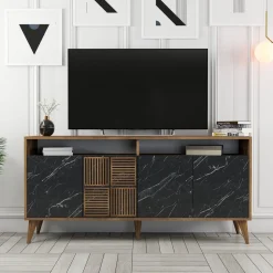 Madie > Dmora Credenza Nero Marmo Marrone Noce 2 Ripiani 4 Ante 180x35x78h cm, 4 Vani - Pollein Marrone Noce, Nero Marmo