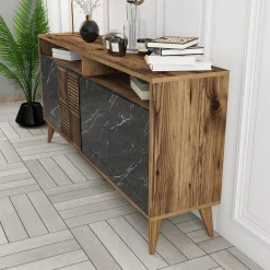 Madie > Dmora Credenza Nero Marmo Marrone Noce 2 Ripiani 4 Ante 180x35x78h cm, 4 Vani - Pollein Marrone Noce, Nero Marmo