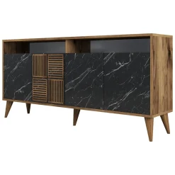 Madie > Dmora Credenza Nero Marmo Marrone Noce 2 Ripiani 4 Ante 180x35x78h cm, 4 Vani - Pollein Marrone Noce, Nero Marmo