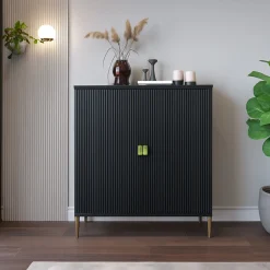 Madie|Credenze > Dmora Credenza Nero oro Cassetti 4 Ripiani 203x49x83h cm, Apertura Battente - Viale Oro, Nero