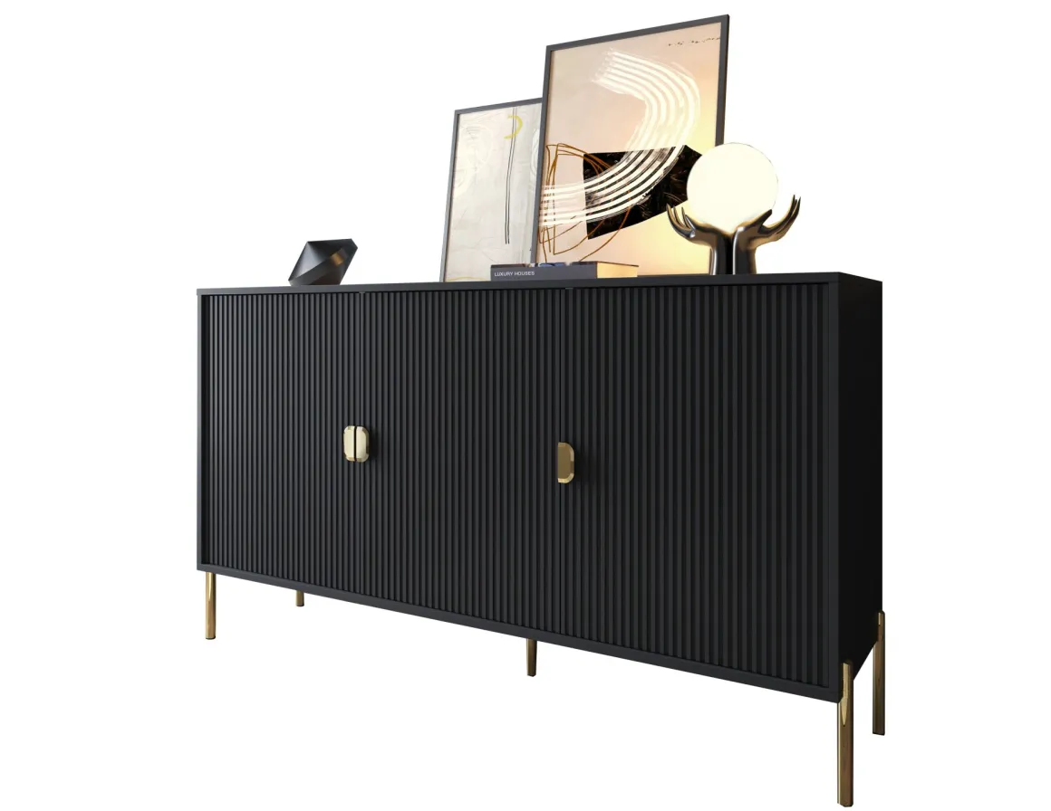 Credenza Nero oro Cassetti Ripiani 203x49x83h cm, Apertura Battente - Ostiglia