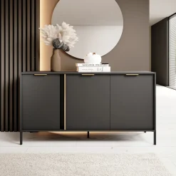 Credenze > Dmora Credenza Nero oro 3 Ripiani Apertura Battente 153x40x81h cm, 3 Ante - Hamagami Oro, Nero