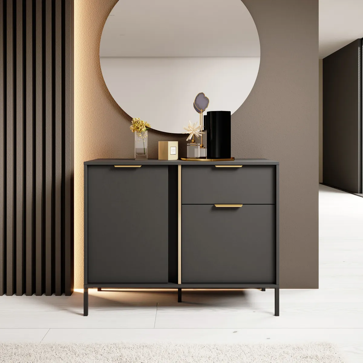 Credenze > Dmora Credenza Nero oro un Cassetto 2 Ripiani 103x40x81h cm, Apertura Battente, Scorrevole - Hame Oro, Nero