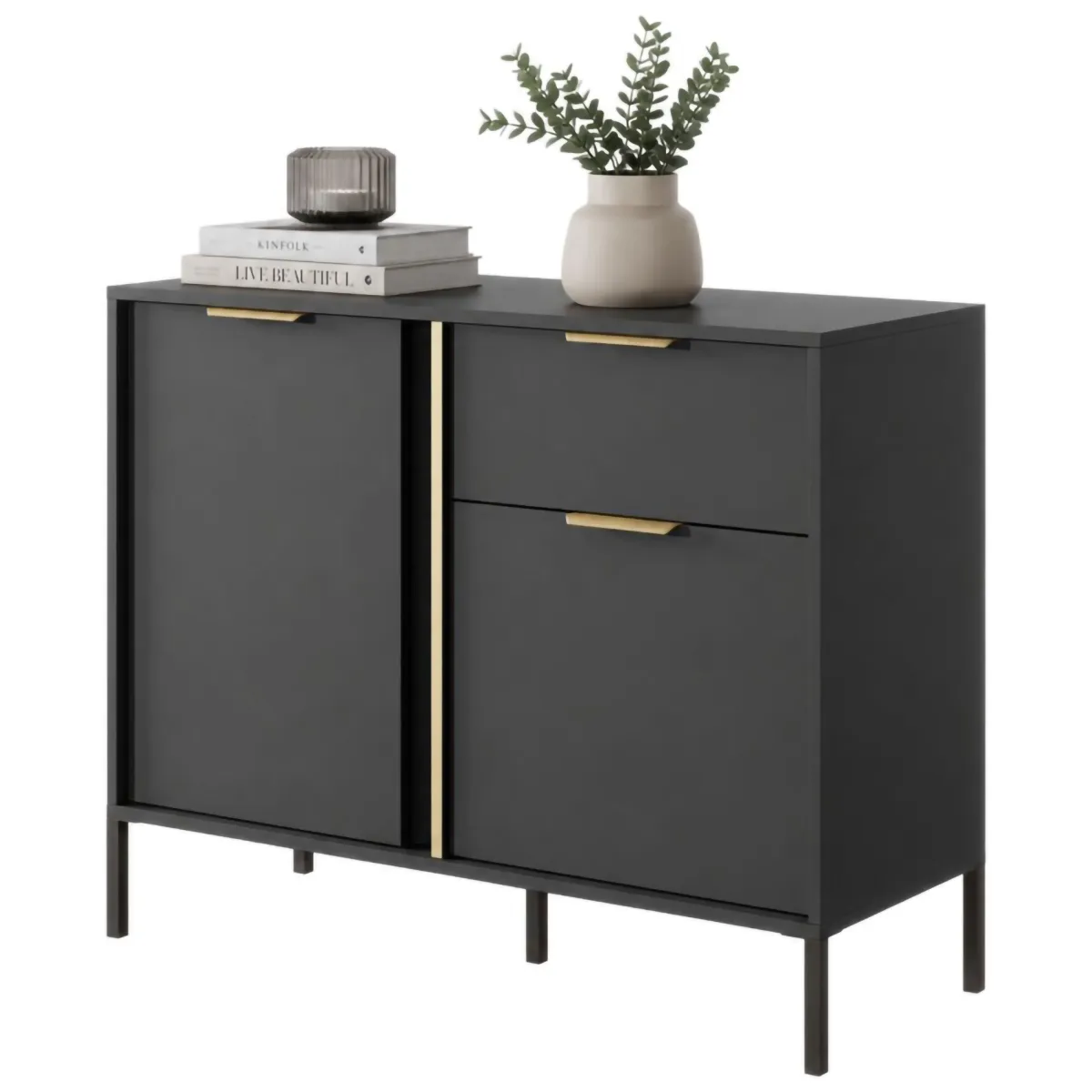 Credenze > Dmora Credenza Nero oro un Cassetto 2 Ripiani 103x40x81h cm, Apertura Battente, Scorrevole - Hame Oro, Nero