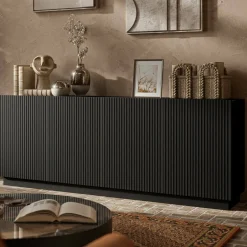 Credenza Nero 4 Ripiani 4 Ante 200x40x78h cm, 8 Vani - Masainas