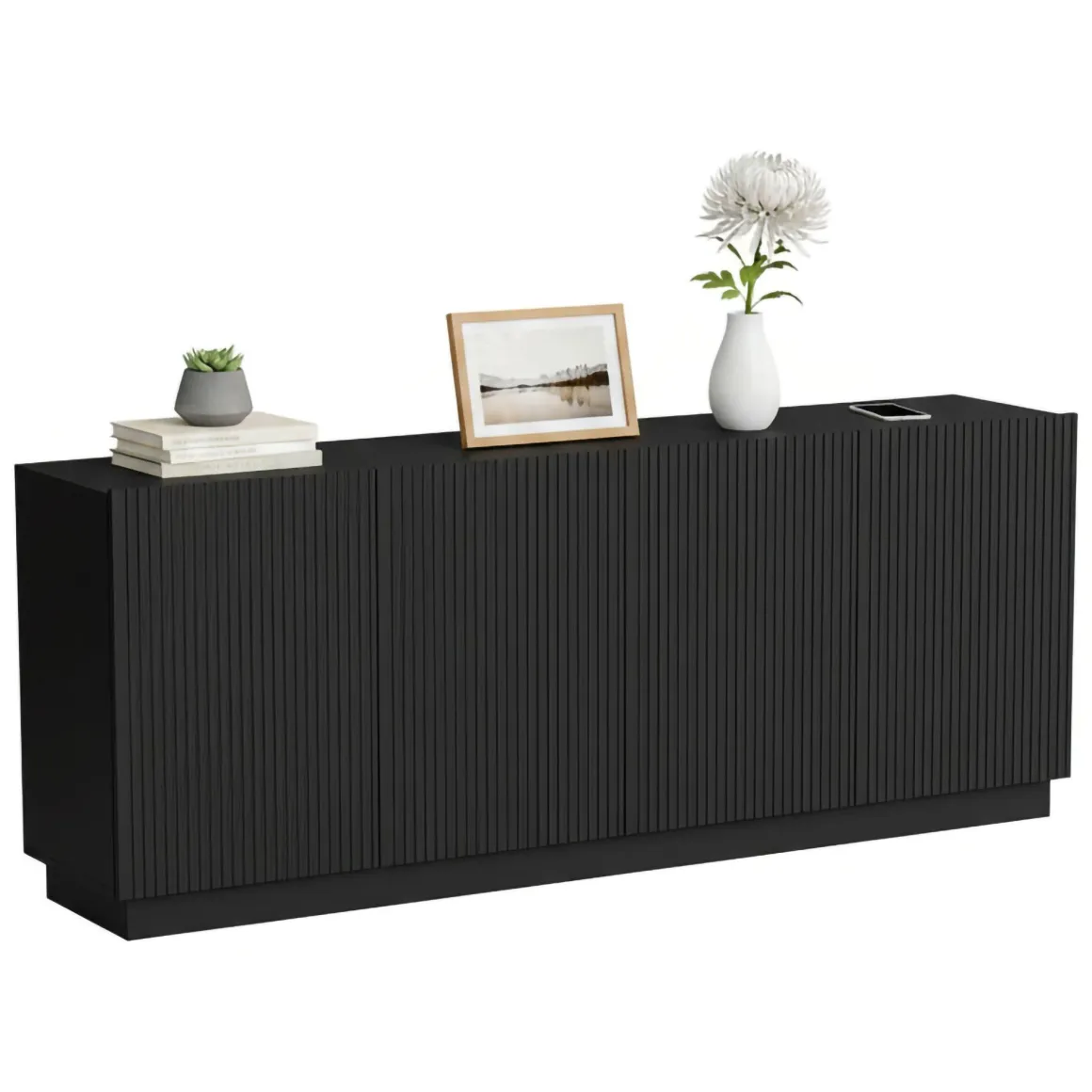 Credenza Nero 4 Ripiani 4 Ante 200x40x78h cm, 8 Vani - Masainas