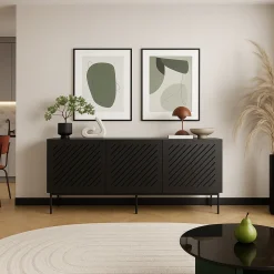 Credenza Nero un Ripiano 3 Vani 150.5x42x75h cm, 3 Ante - Stilo