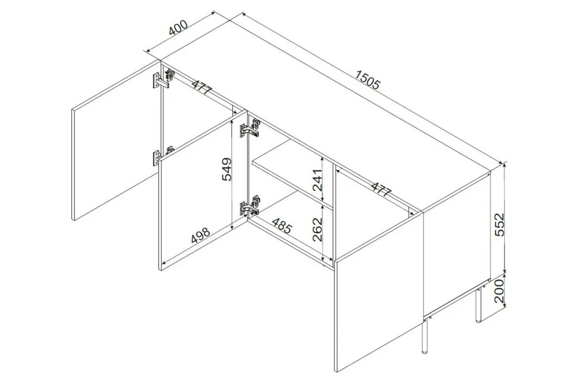 Credenza Nero un Ripiano 3 Vani 150.5x42x75h cm, 3 Ante - Stilo
