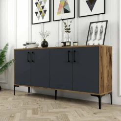 Cucina|Madie > Dmora Credenza noce e antracite 160x35x78h cm 4 ante - Soraya Nero Antracite, Marrone Noce