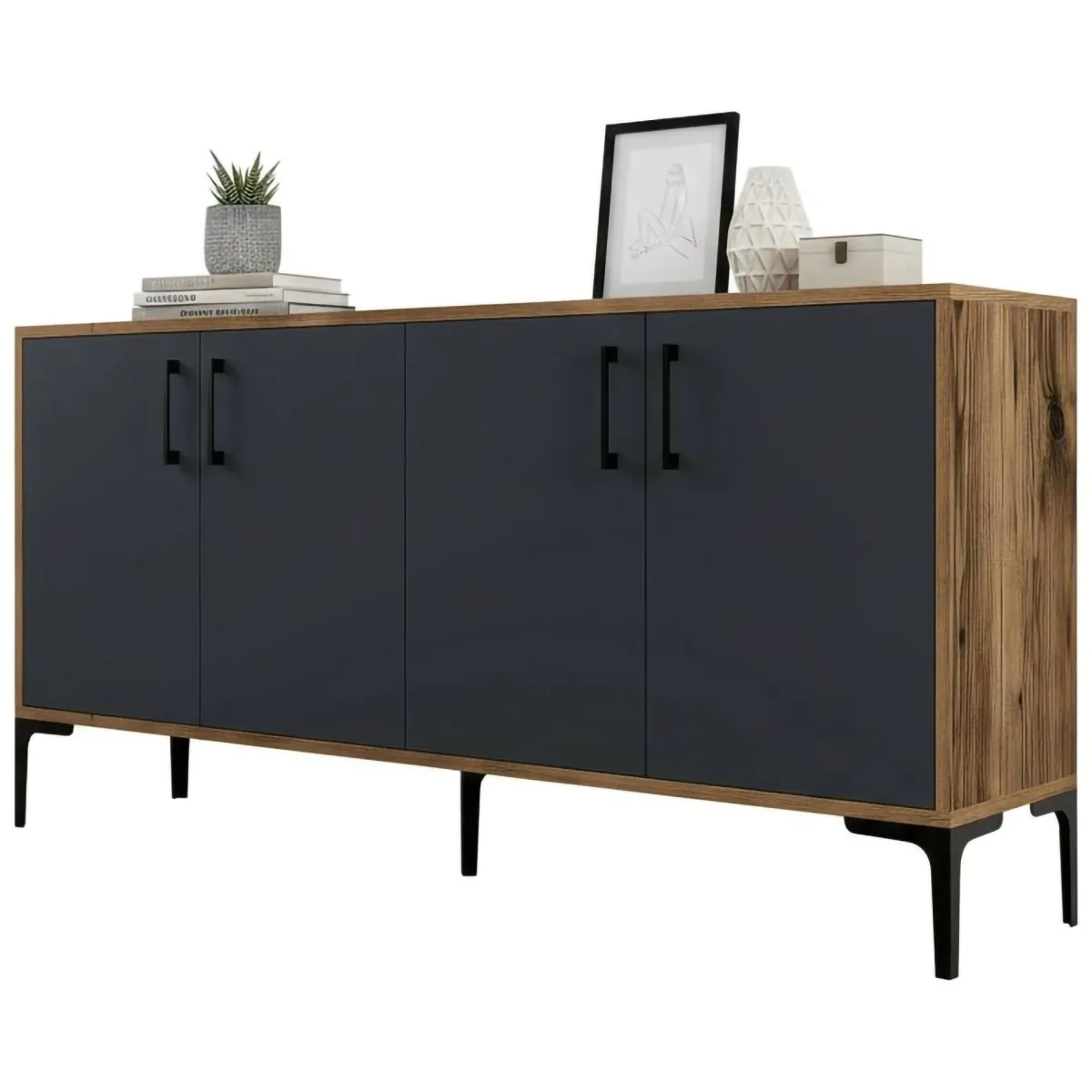 Cucina|Madie > Dmora Credenza noce e antracite 160x35x78h cm 4 ante - Soraya Nero Antracite, Marrone Noce