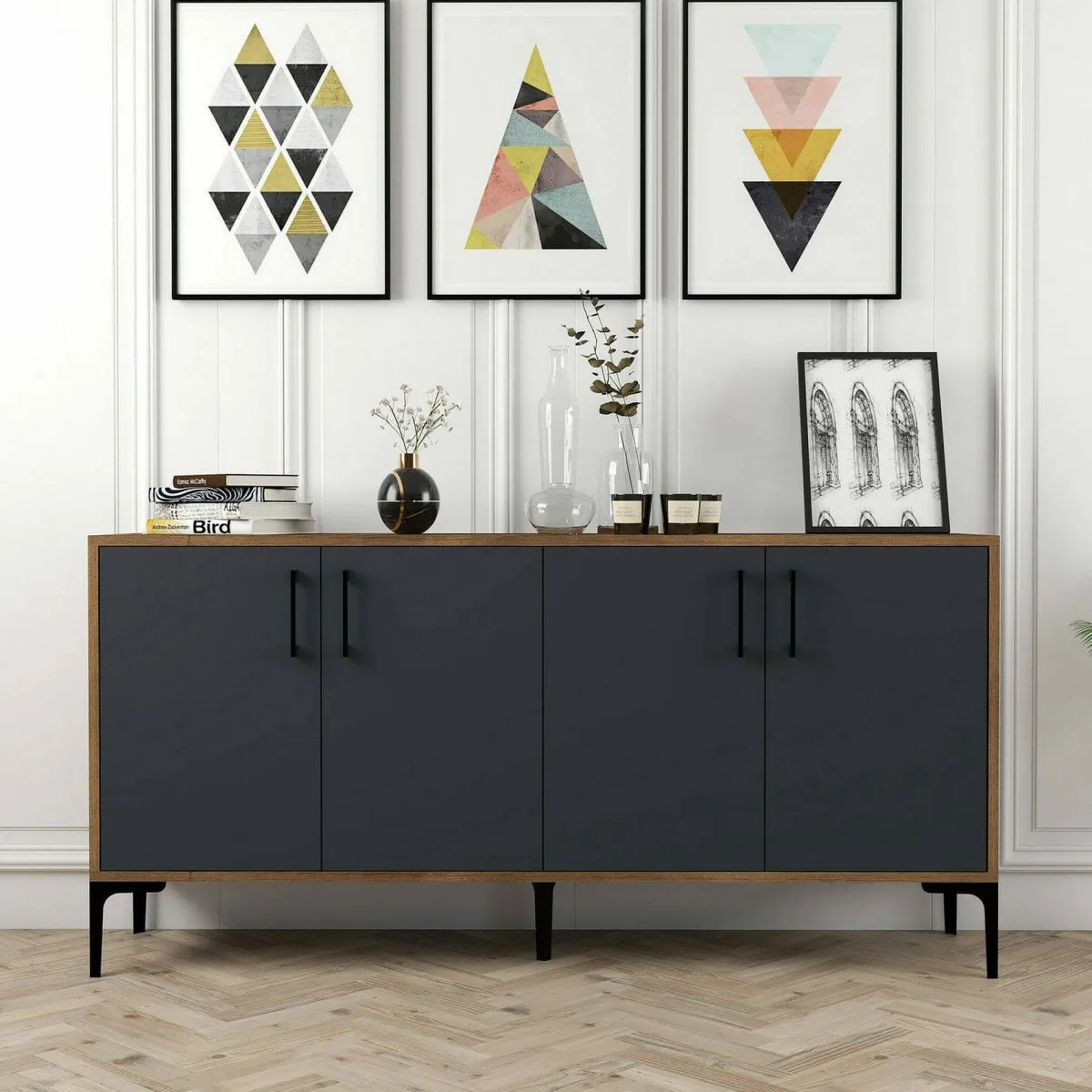 Cucina|Madie > Dmora Credenza noce e antracite 160x35x78h cm 4 ante - Soraya Nero Antracite, Marrone Noce