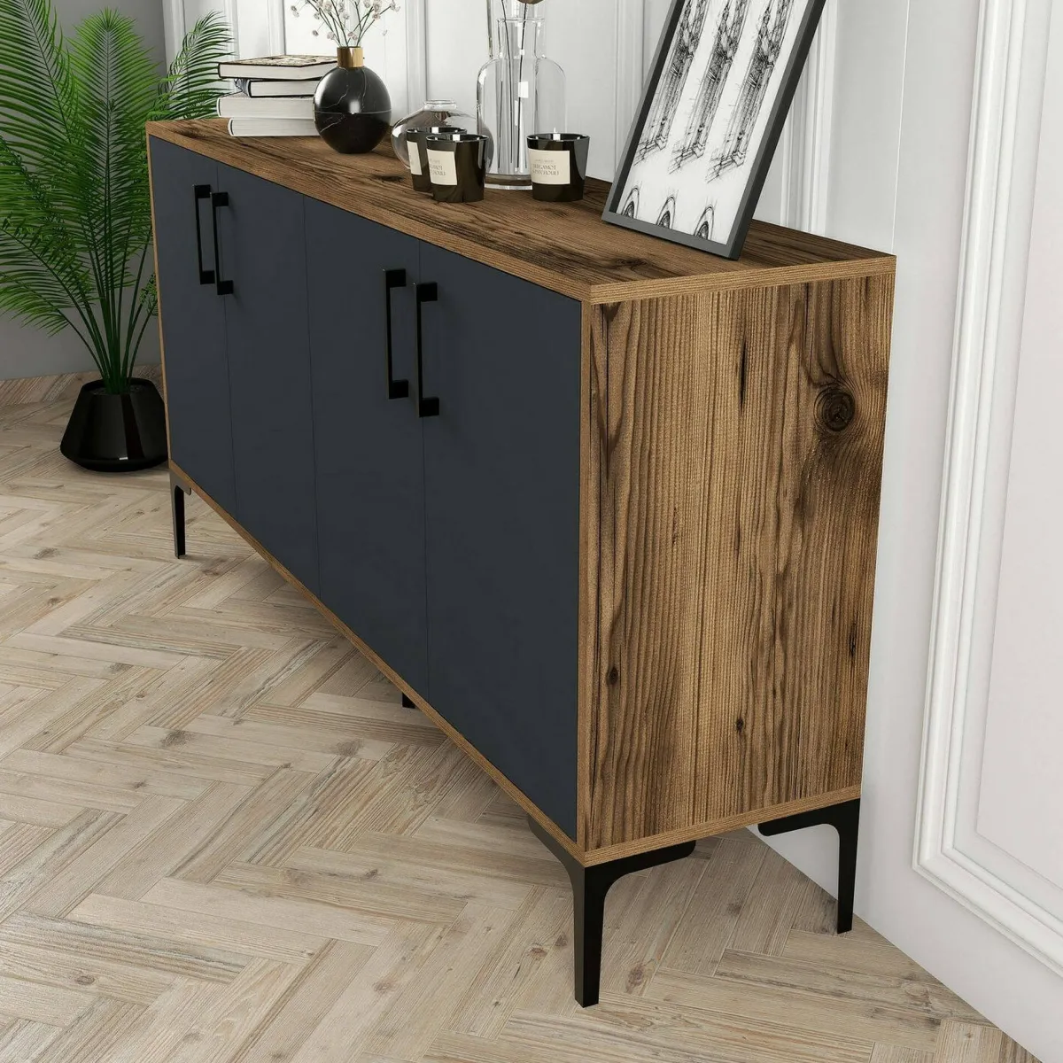 Cucina|Madie > Dmora Credenza noce e antracite 160x35x78h cm 4 ante - Soraya Nero Antracite, Marrone Noce