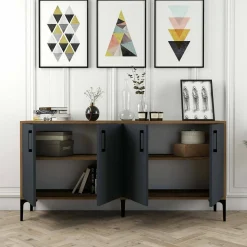 Cucina|Madie > Dmora Credenza noce e antracite 160x35x78h cm 4 ante - Soraya Nero Antracite, Marrone Noce