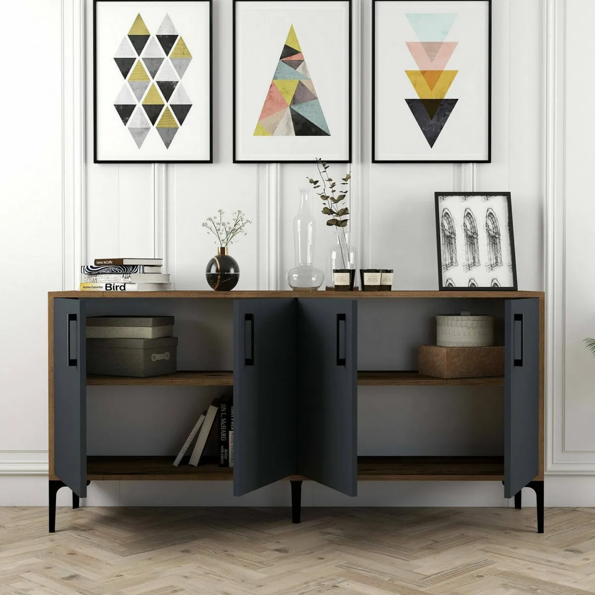 Cucina|Madie > Dmora Credenza noce e antracite 160x35x78h cm 4 ante - Soraya Nero Antracite, Marrone Noce