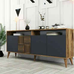 Madie|Credenze > Dmora Credenza noce e antracite 180x45x80h cm 3 ante - Vardah Nero Antracite, Marrone Noce