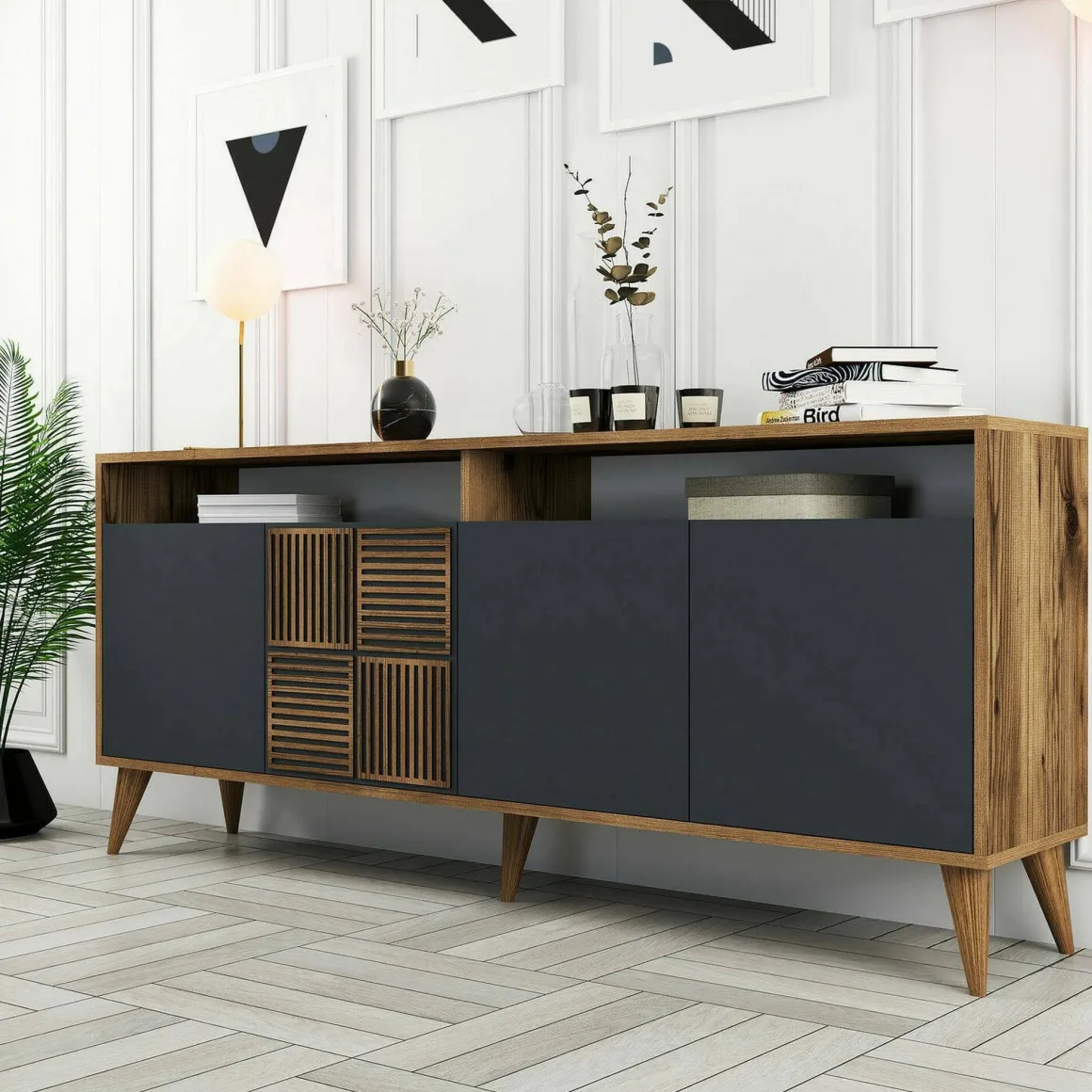 Madie|Credenze > Dmora Credenza noce e antracite 180x45x80h cm 3 ante - Vardah Nero Antracite, Marrone Noce