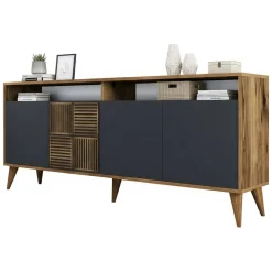 Madie|Credenze > Dmora Credenza noce e antracite 180x45x80h cm 3 ante - Vardah Nero Antracite, Marrone Noce
