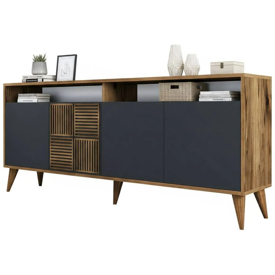Madie|Credenze > Dmora Credenza noce e antracite 180x45x80h cm 3 ante - Vardah Nero Antracite, Marrone Noce