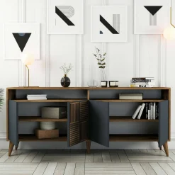 Madie|Credenze > Dmora Credenza noce e antracite 180x45x80h cm 3 ante - Vardah Nero Antracite, Marrone Noce