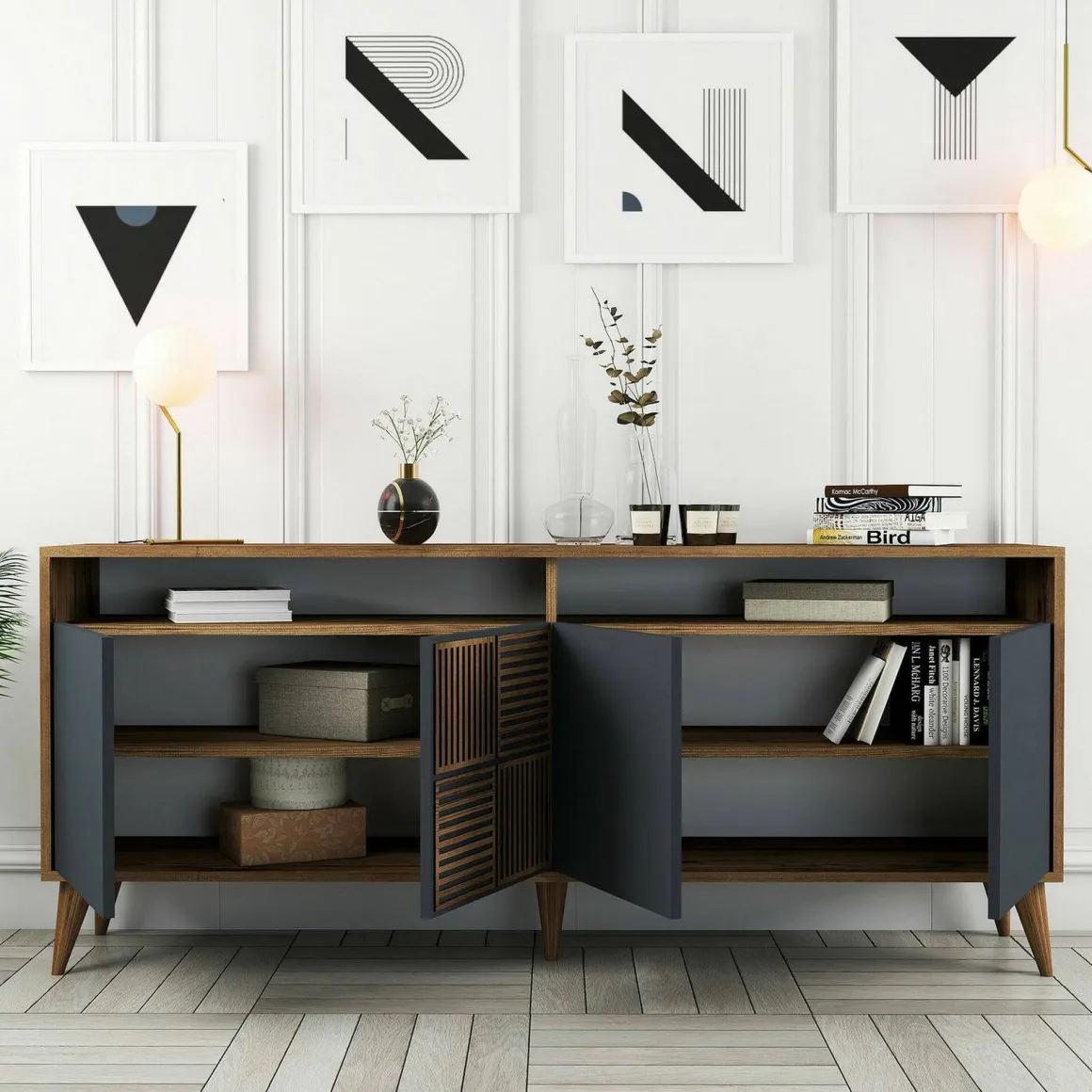 Madie|Credenze > Dmora Credenza noce e antracite 180x45x80h cm 3 ante - Vardah Nero Antracite, Marrone Noce