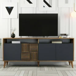 Madie|Credenze > Dmora Credenza noce e antracite 180x45x80h cm 3 ante - Vardah Nero Antracite, Marrone Noce