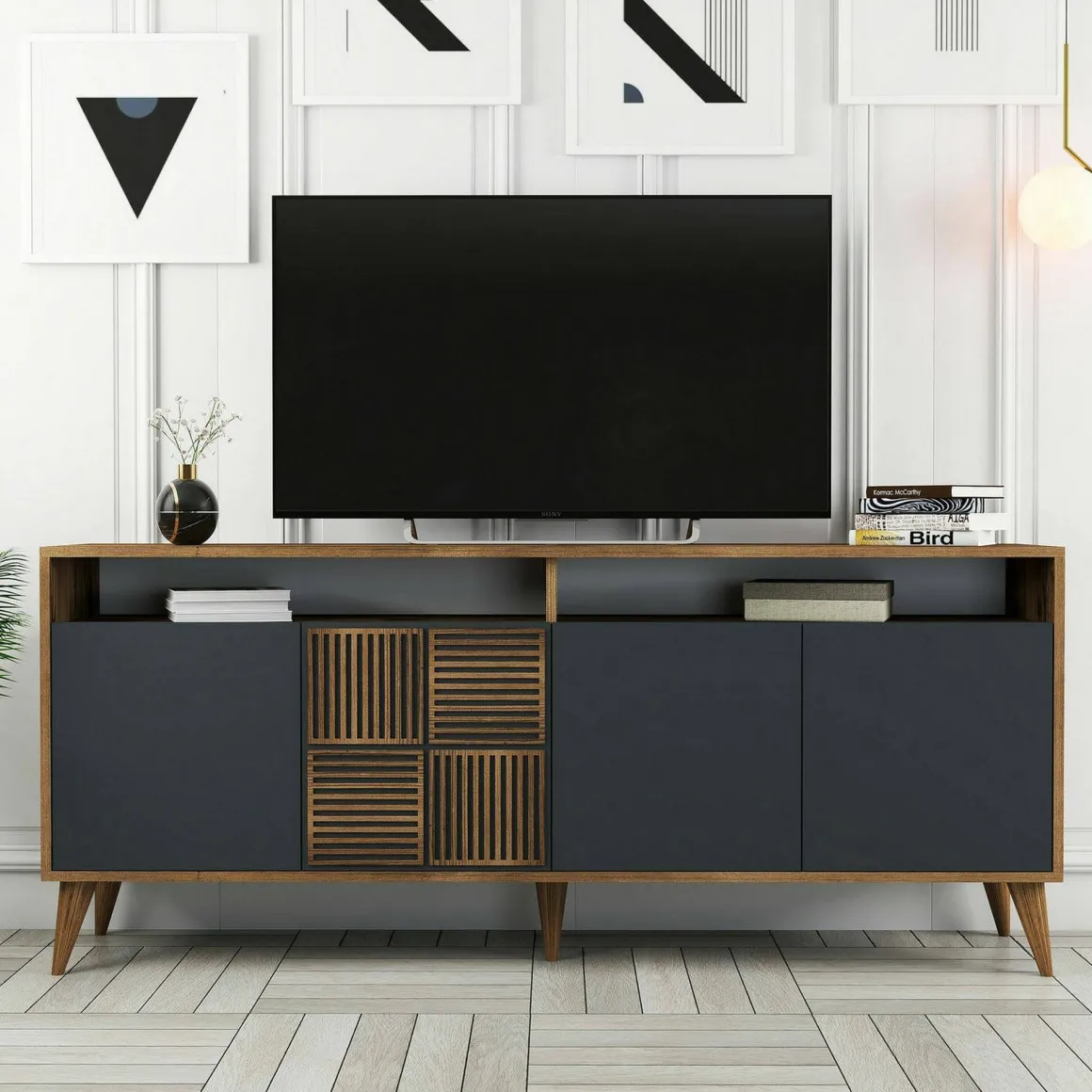 Madie|Credenze > Dmora Credenza noce e antracite 180x45x80h cm 3 ante - Vardah Nero Antracite, Marrone Noce
