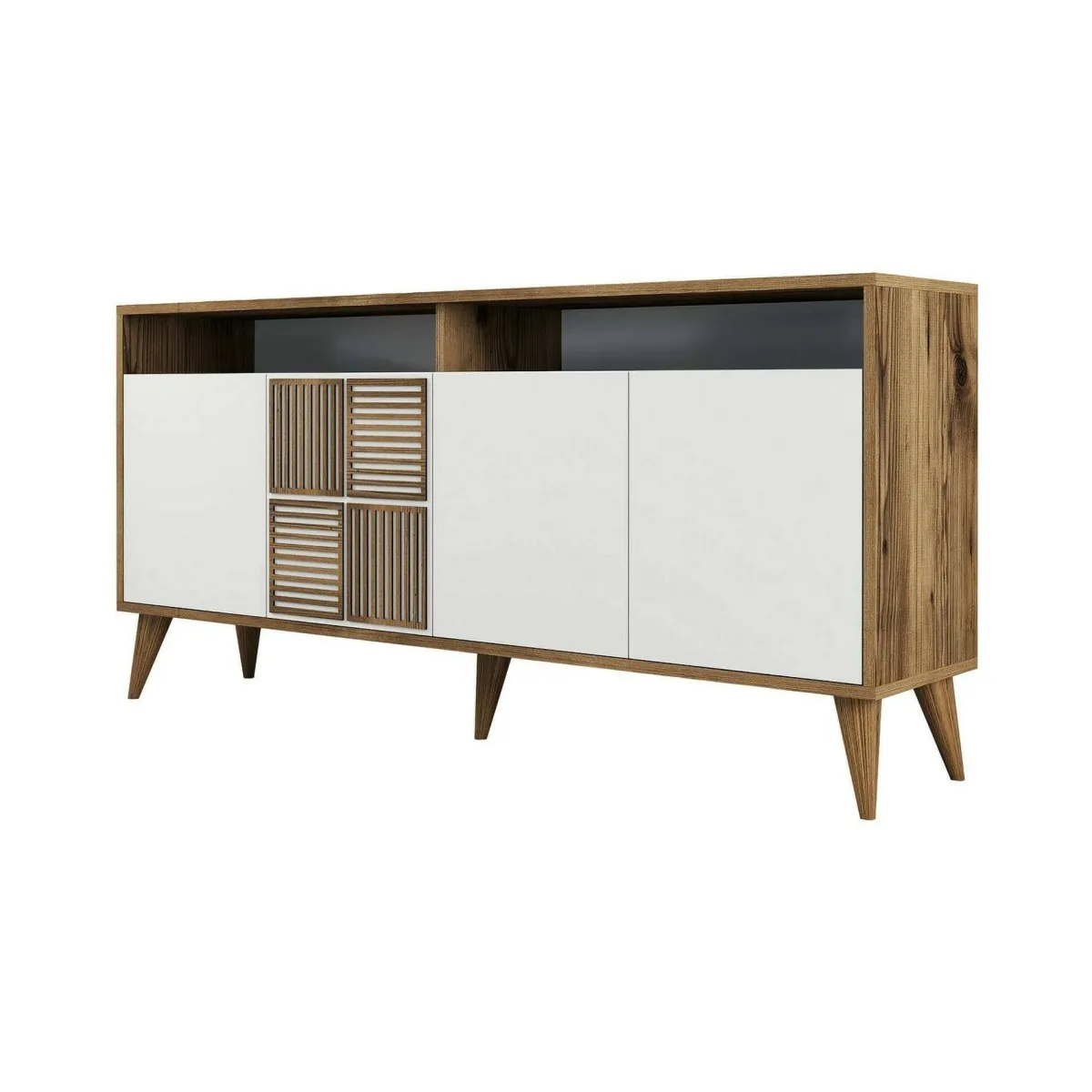 Salotto|Madie > Dmora Credenza noce e bianca 160x35x78h cm 4 ante - Garigliano Bianco, Marrone Noce