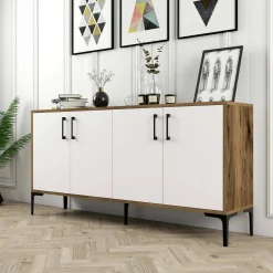 Salotto|Madie > Dmora Credenza noce e bianca 180x35x78h cm 3 ante - Also Bianco, Marrone Noce