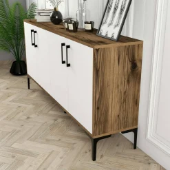 Salotto|Madie > Dmora Credenza noce e bianca 180x35x78h cm 3 ante - Also Bianco, Marrone Noce