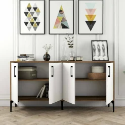 Salotto|Madie > Dmora Credenza noce e bianca 180x35x78h cm 3 ante - Also Bianco, Marrone Noce