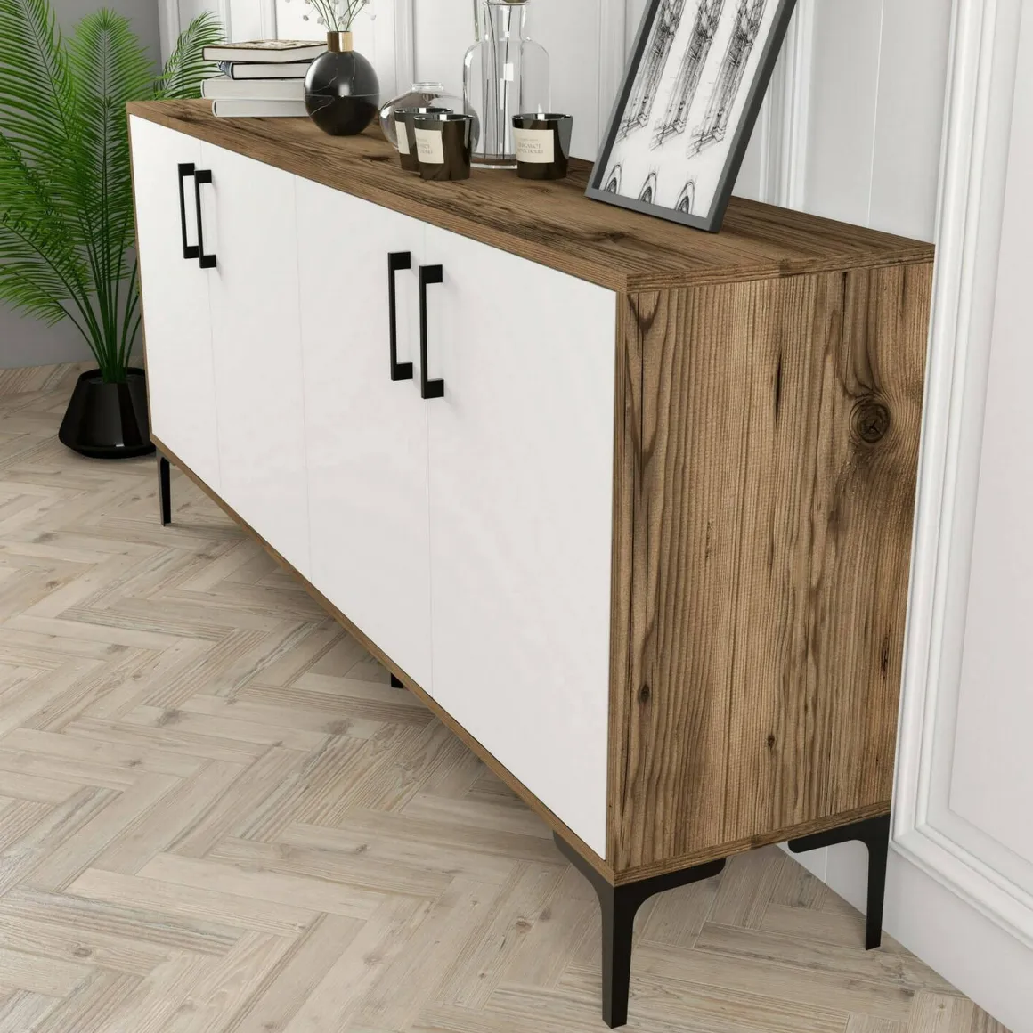 Salotto|Madie > Dmora Credenza noce e bianca 180x35x78h cm 4 ante - Jole Bianco, Marrone Noce