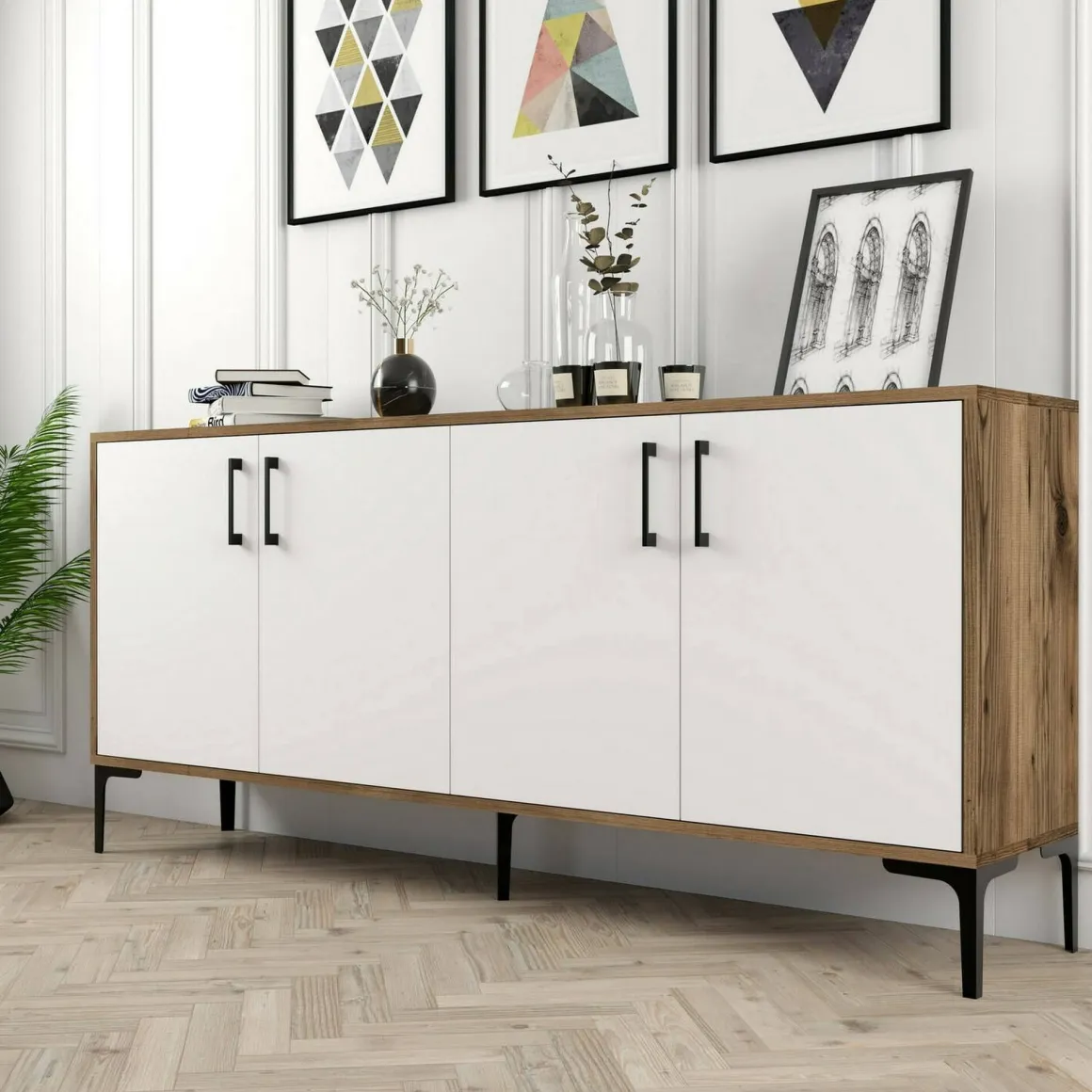 Salotto|Madie > Dmora Credenza noce e bianca 180x35x78h cm 4 ante - Jole Bianco, Marrone Noce